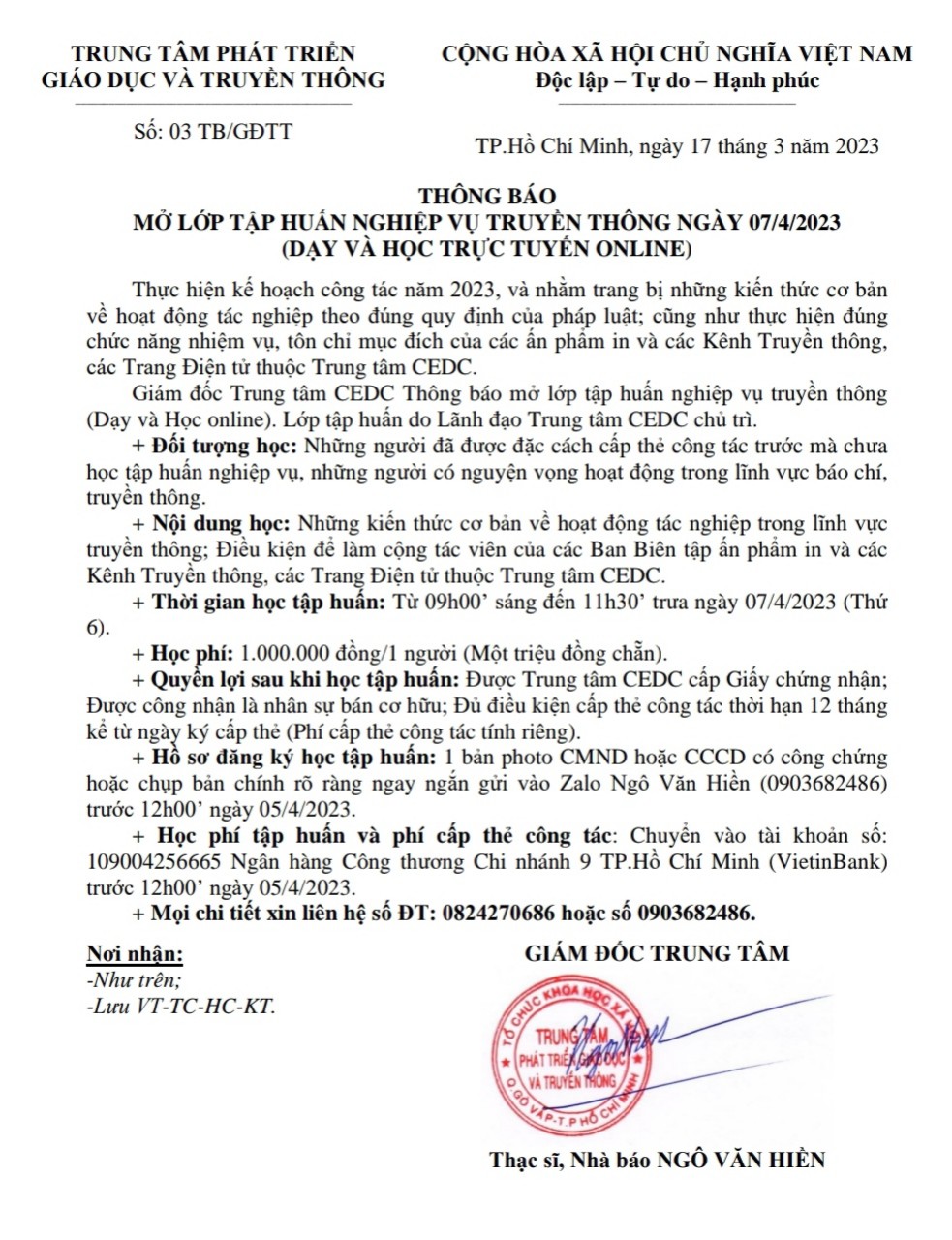 THÔNG BÁO MỞ LỚP TẬP HUẤN NGHIỆP VỤ TRUYỀN THÔNG NGÀY 07/4/2023 (DẠY VÀ HỌC TRỰC TUYẾN ONLINE)