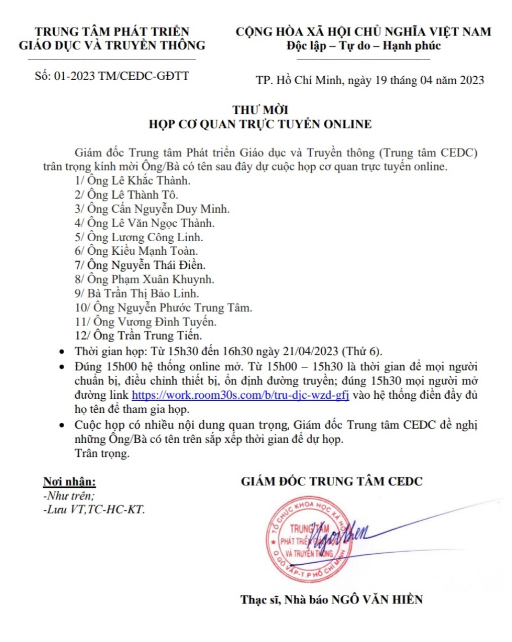 THƯ MỜI HỌP CƠ QUAN TRỰC TUYẾN ONLINE