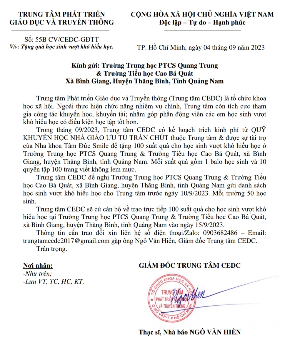 Tặng 100 suất quà học sinh vượt khó hiếu học tỉnh Quảng Nam