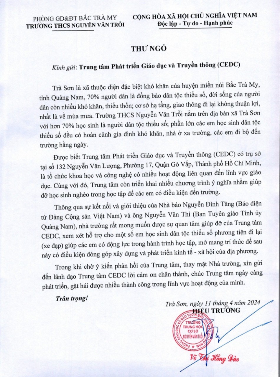 Danh sách đóng góp Chương trình mua 20 xe đạp tặng học sinh ở huyện Bắc Trà My, Quảng Nam