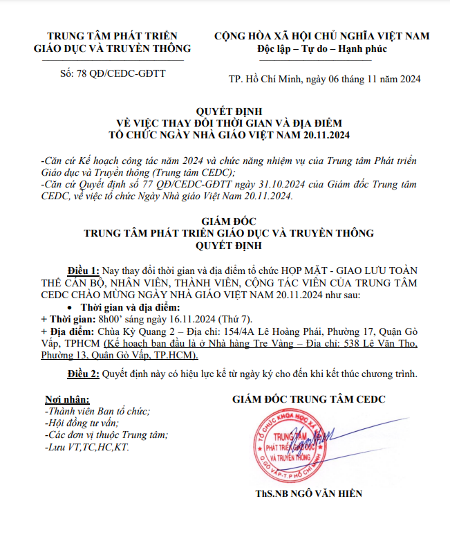 QUYẾT ĐỊNH VỀ VIỆC THAY ĐỔI THỜI GIAN VÀ ĐỊA ĐIỂM TỔ CHỨC NGÀY NHÀ GIÁO VIỆT NAM 20.11.2024