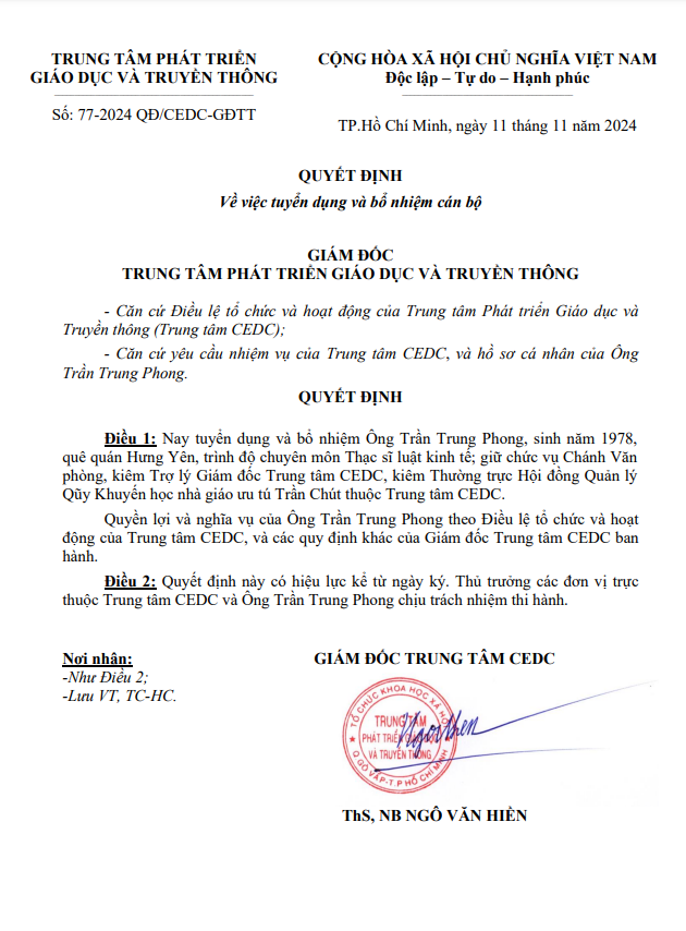 GIÁM ĐỐC TRUNG TÂM CEDC BỔ NHIỆM CÁN BỘ