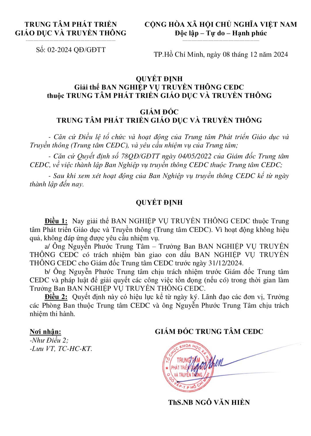 Giải thể Ban Nghiệp vụ truyền thông CEDC