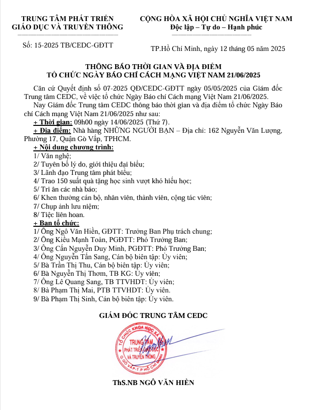 THÔNG BÁO THỜI GIAN VÀ ĐỊA ĐIỂM TỔ CHỨC NGÀY BÁO CHÍ CÁCH MẠNG VIỆT NAM 21/06/2025
