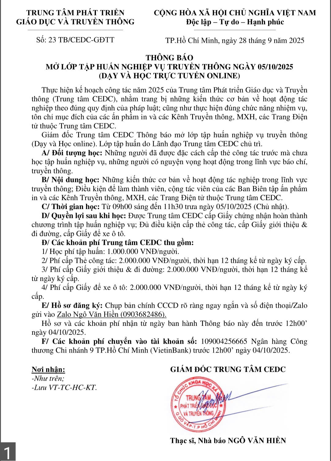 THÔNG BÁO MỞ LỚP TẬP HUẤN NGHIỆP VỤ TRUYỀN THÔNG NGÀY 05/10/2025 (DẠY VÀ HỌC TRỰC TUYẾN ONLINE)