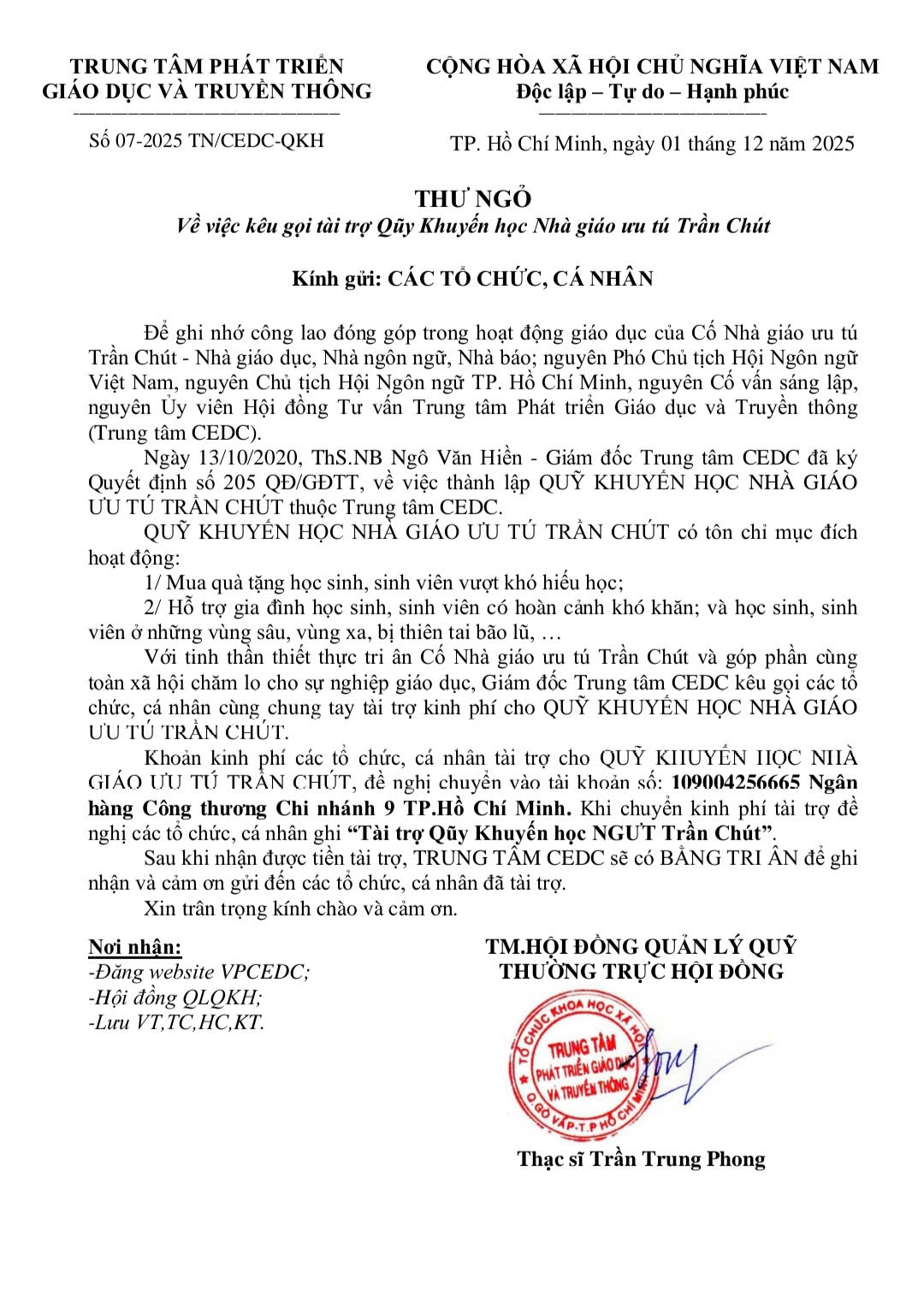 QUỸ KHUYẾN HỌC KÍNH GỬI CÁC TỔ CHỨC, CÁ NHÂN