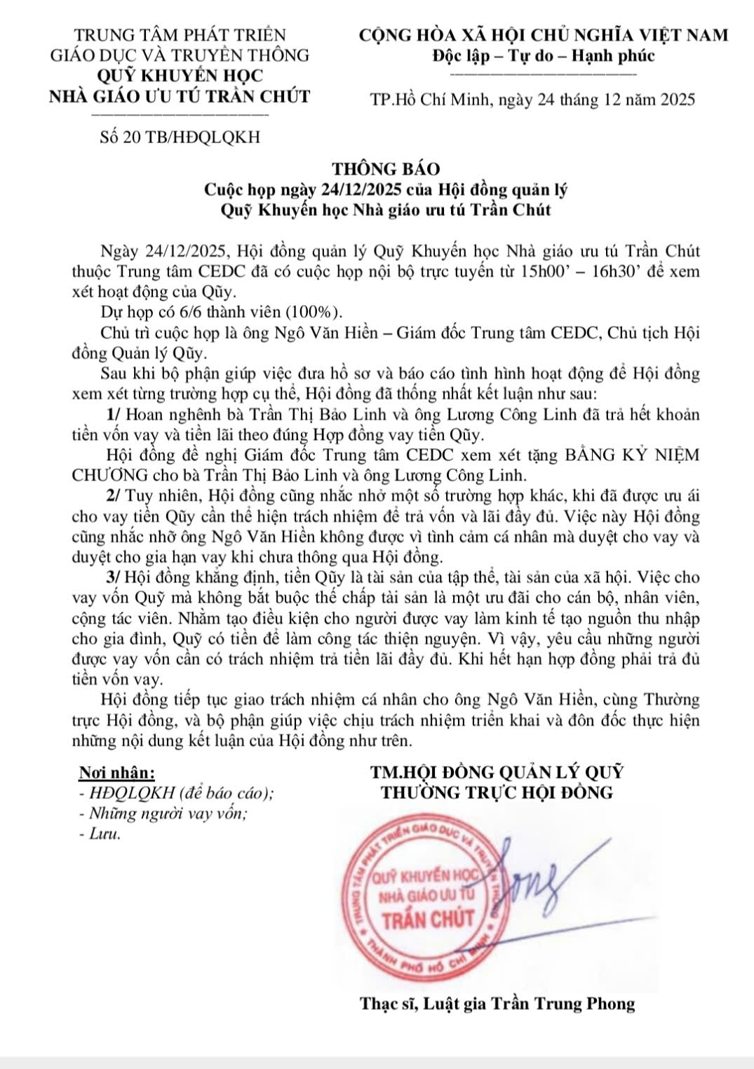 Thông báo cuộc họp ngày 24/12/2025 của Hội đồng quản lý Quỹ Khuyến học Nhà giáo ưu tú Trần Chút