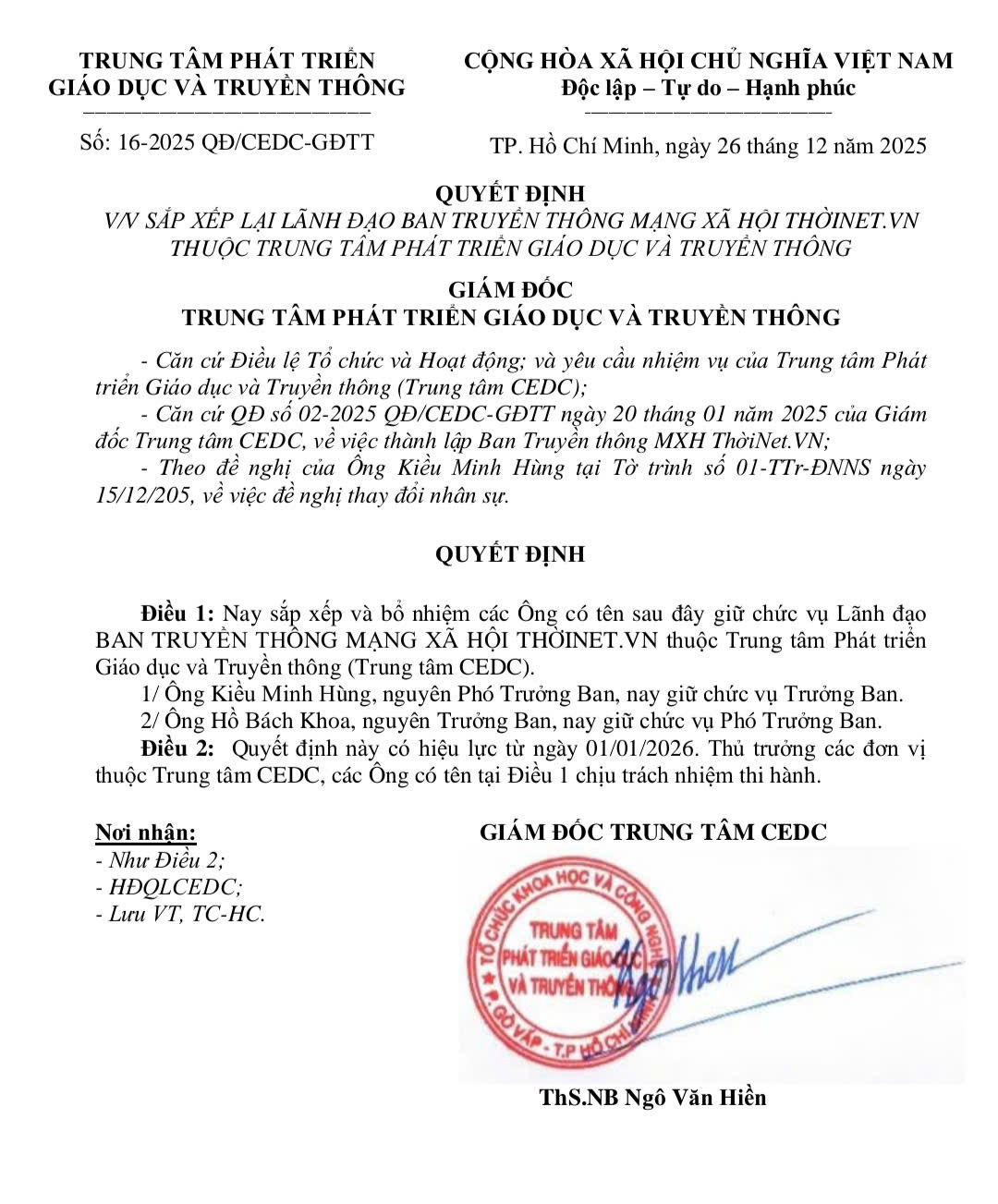 SẮP XẾP LẠI LÃNH ĐẠO BAN TRUYỀN THÔNG MẠNG XÃ HỘI THỜINET.VN