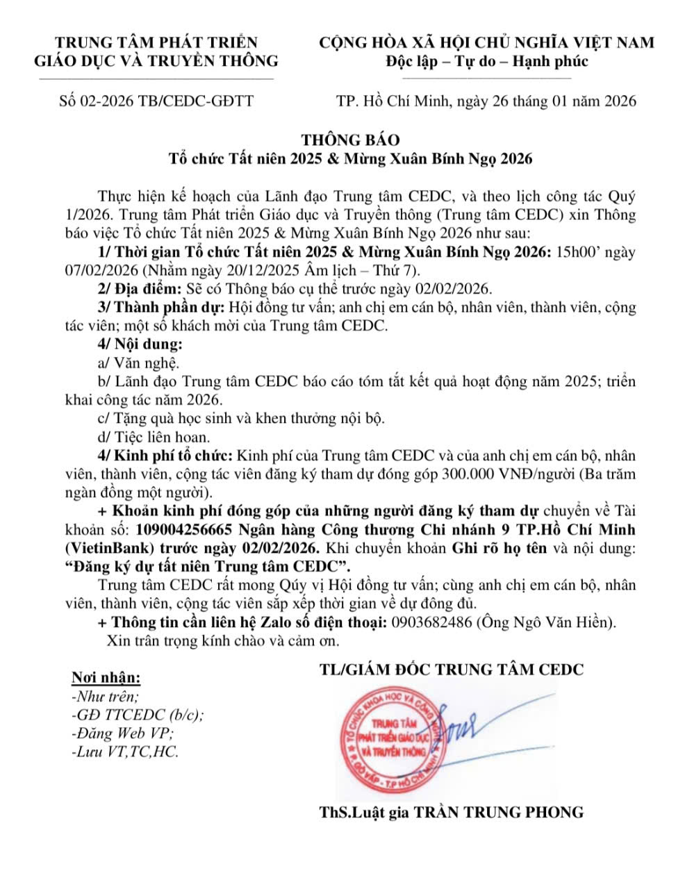 Thông báo Tổ chức Tất niên 2025 & Mừng Xuân Bính Ngọ 2026