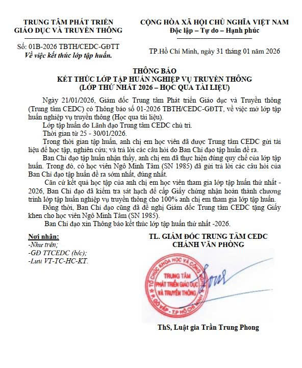 THÔNG BÁO  KẾT THÚC LỚP TẬP HUẤN NGHIỆP VỤ TRUYỀN THÔNG  (LỚP THỨ NHẤT 2026 – HỌC QUA TÀI LIỆU)