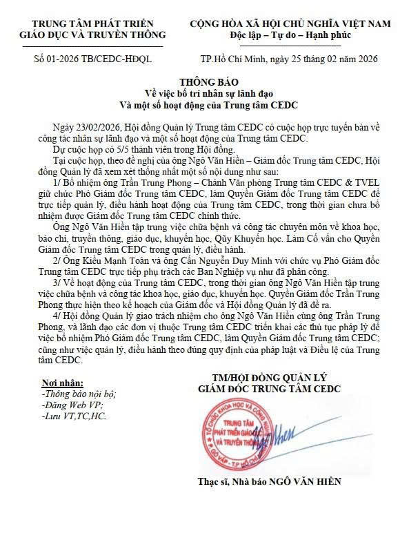 Thông báo về việc bố trí nhân sự lãnh đạo và một số hoạt động của Trung tâm CEDC