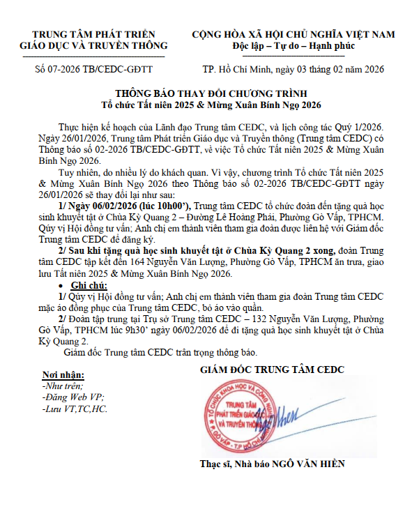 Thông báo thay đổi chương trình Tổ chức Tất niên 2025 & Mừng Xuân Bính Ngọ 2026