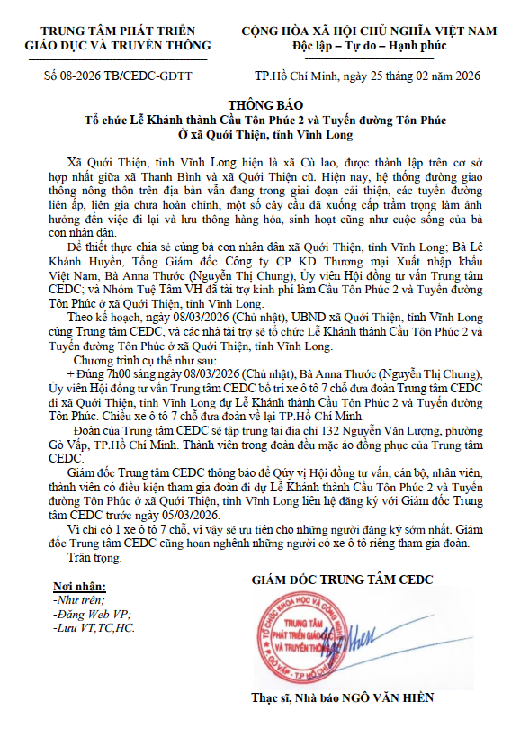Thông báo Tổ chức Lễ Khánh thành Cầu Tôn Phúc 2 và Tuyến đường Tôn Phúc ở xã Quới Thiện, tỉnh Vĩnh Long