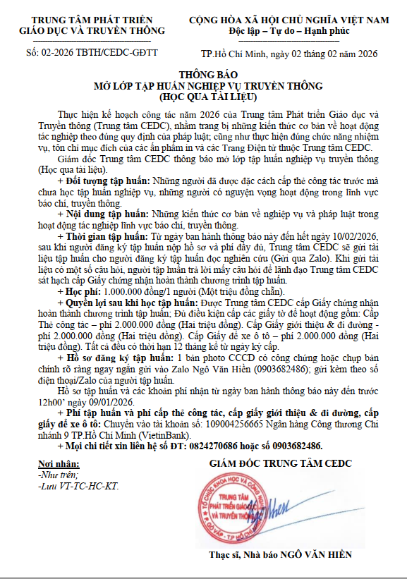 THÔNG BÁO  MỞ LỚP TẬP HUẤN NGHIỆP VỤ TRUYỀN THÔNG (HỌC QUA TÀI LIỆU)