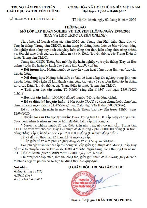 THÔNG BÁO MỞ LỚP TẬP HUẤN NGHIỆP VỤ TRUYỀN THÔNG NGÀY 13/04/2026 (DẠY VÀ HỌC TRỰC TUYẾN ONLINE)