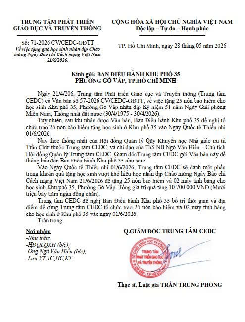 16h ngày 5/6/2026 trao 25 nón bảo hiểm và 2 máy tính bảng tặng học sinh khu phố 35, phường Gò Vấp