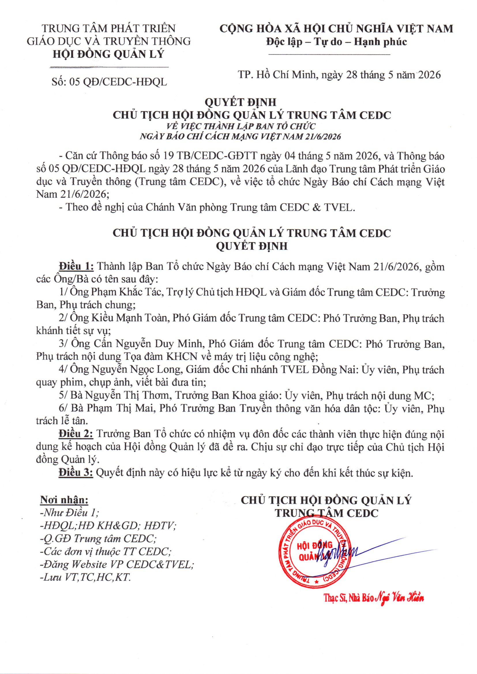 QUYẾT ĐỊNH THÀNH LẬP BAN TỔ CHỨC NGÀY BÁO CHÍ CÁCH MẠNG VIỆT NAM 21/6/2026