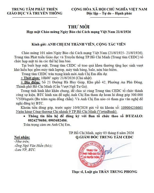 Thư mời họp mặt Chào mừng Ngày Báo chí Cách mạng Việt Nam 21/6/2026