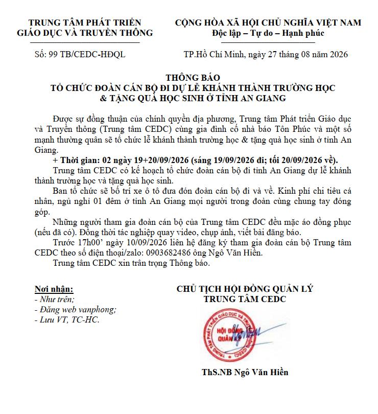 THÔNG BÁO TỔ CHỨC ĐOÀN CÁN BỘ ĐI DỰ LỄ KHÁNH THÀNH TRƯỜNG HỌC  & TẶNG QUÀ HỌC SINH Ở TỈNH AN GIANG